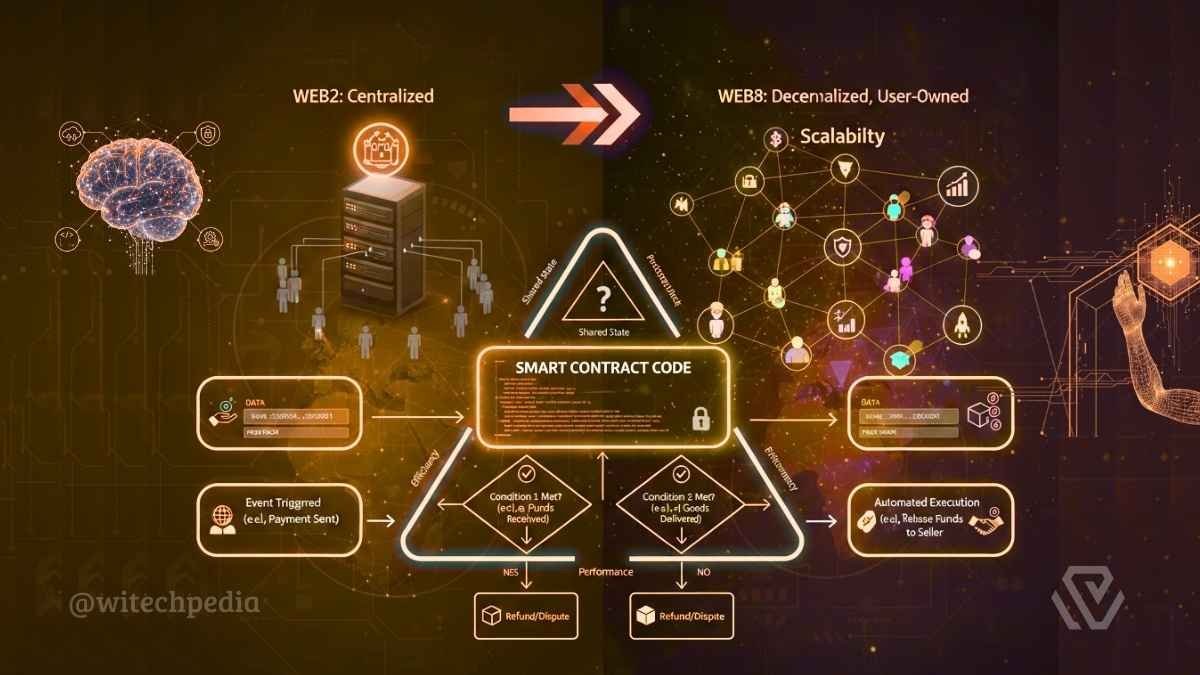 A comprehensive infographic illustrating blockchain technology, comparing centralized Web2 systems with decentralized Web3 networks and smart contract execution.