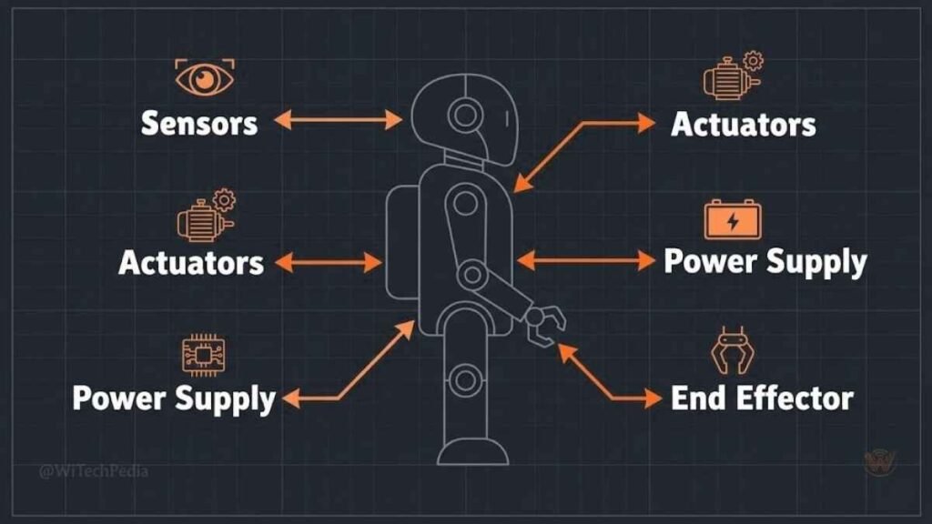 Labeled diagram of robot core components: sensors, actuators, controller, power supply, and end effector