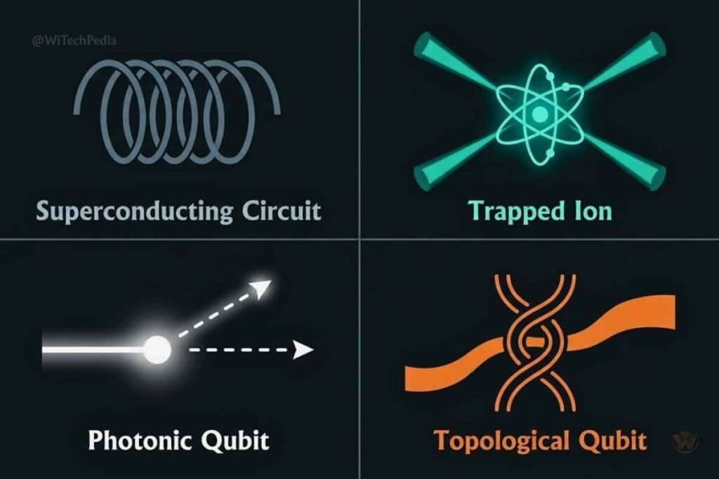 Diagram of four qubit implementation types: superconducting, trapped-ion, photonic, and topological qubits