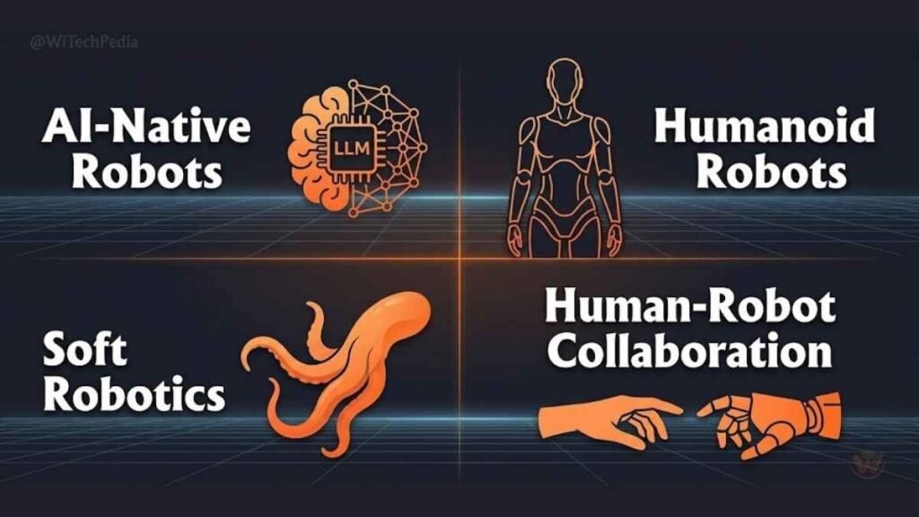 Futuristic infographic showing four key robotics trends: AI-native robots, humanoids, soft robotics, human-robot collaboration
