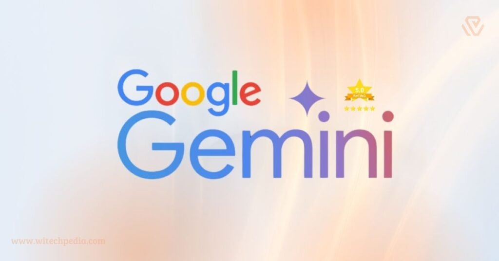 Featured image of Google Gemini Review 2026 showing the Google Gemini logo with a purple star graphic, and a yellow badge with five stars and the text "5.0 RATING" to its right. The WiTechPedia logo is in the top right, and the website URL is in the bottom left.