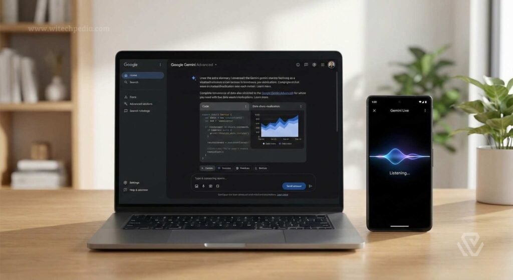 Google Gemini Advanced interface running on a laptop screen next to a Google Pixel phone displaying Gemini Live voice mode.