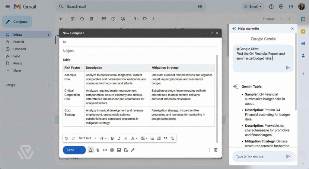 Google Gemini Workspace extension sidebar inside Gmail using the @Google Drive command to draft an email from a spreadsheet.