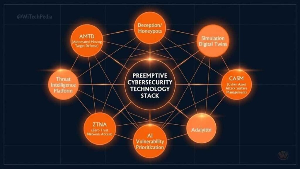 Diagram of preemptive cybersecurity technology stack including AMTD, deception tech, CASM, and ZTNA tools