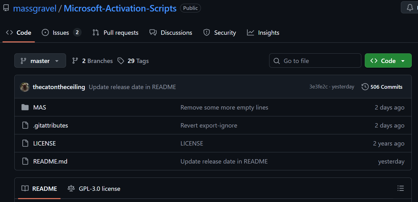 The official Microsoft Activation Scripts (MAS) repository on GitHub.