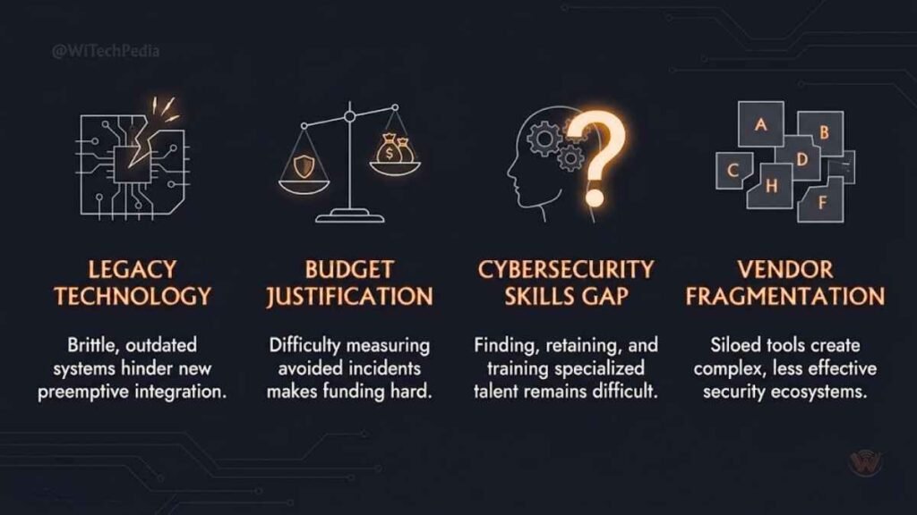 Infographic showing four main preemptive cybersecurity adoption challenges: legacy tech, budget, skills gap, vendor fragmentation