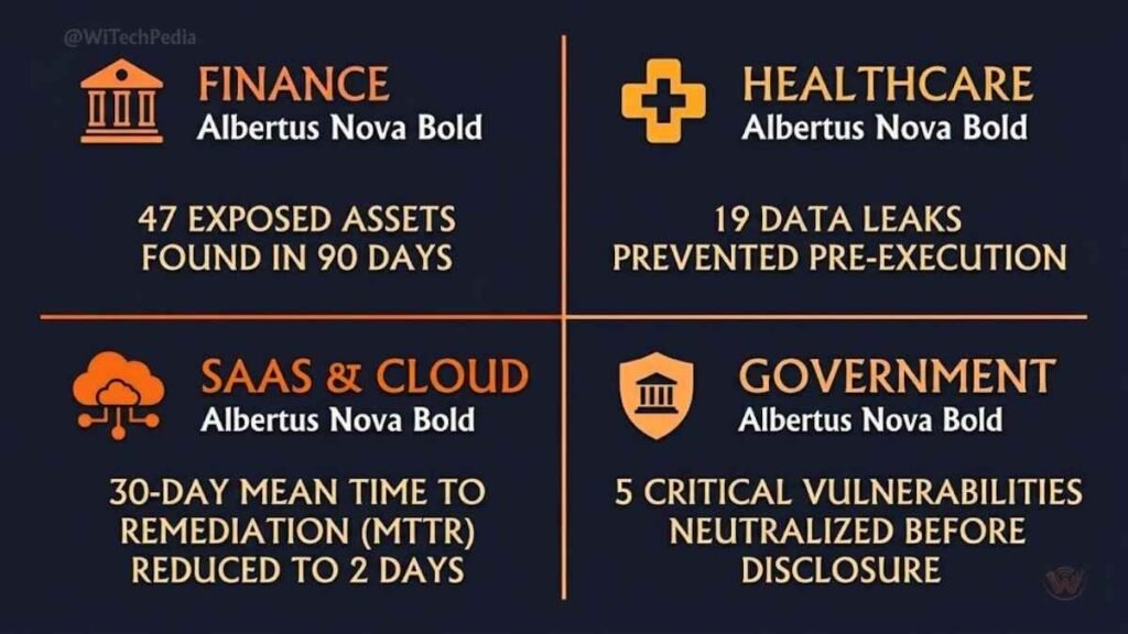 Preemptive cybersecurity use case infographic covering finance, healthcare, SaaS, and government sectors