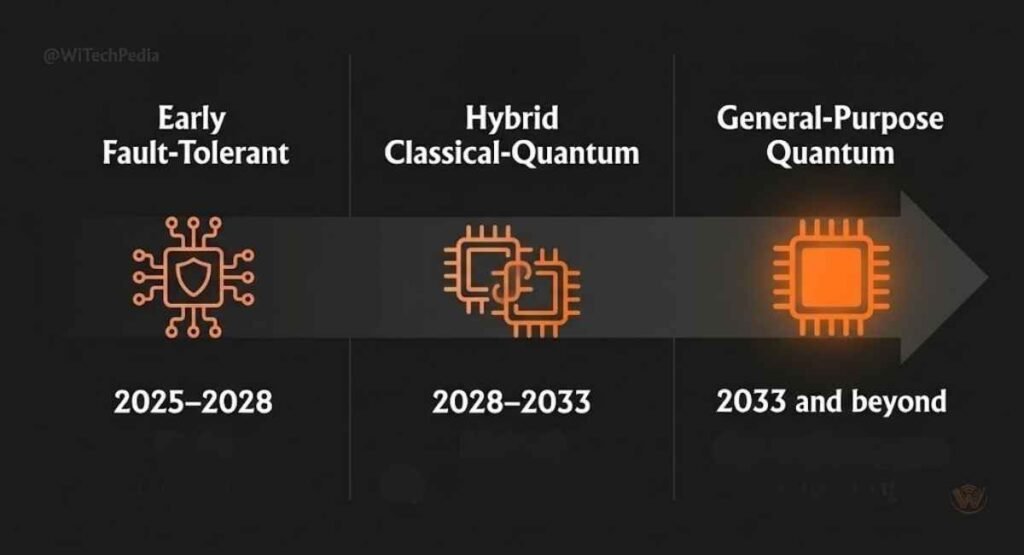 Roadmap infographic showing quantum computing evolution from NISQ era 2025 to fault-tolerant systems 2033 and beyond