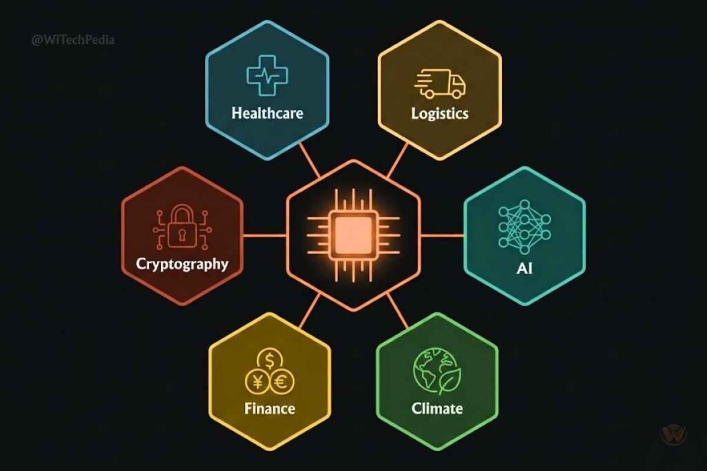 Infographic showing six quantum computing applications: drug discovery, cryptography, logistics, finance, AI, and climate science