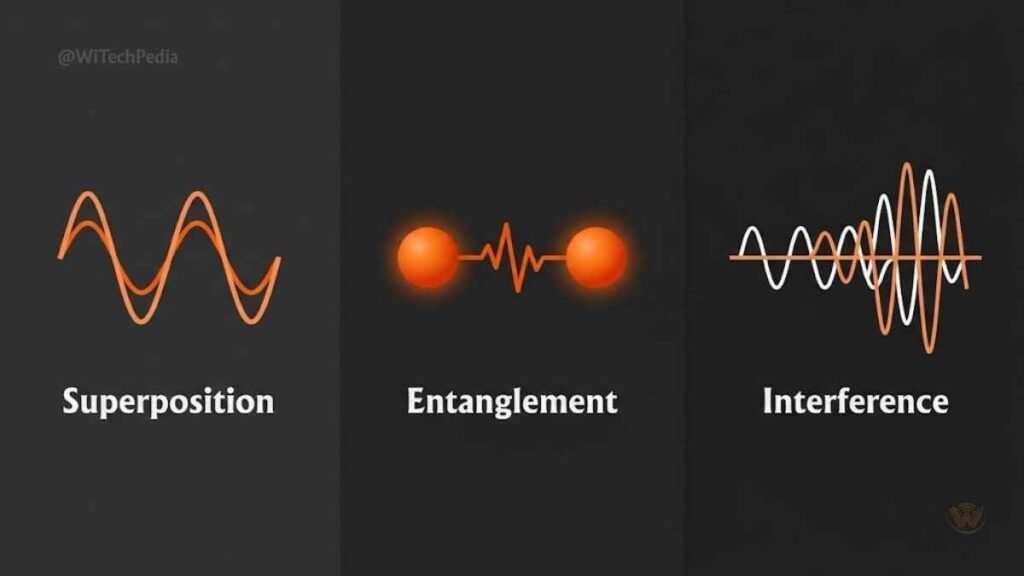 Infographic showing the three pillars of quantum computing — superposition, entanglement, and interference — with icons
