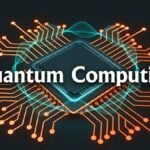 Glowing quantum processor chip with qubits illustrated in orange and dark teal — quantum computing.