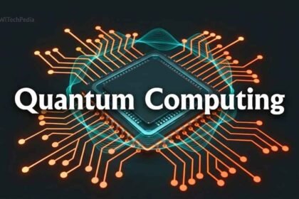 Glowing quantum processor chip with qubits illustrated in orange and dark teal — quantum computing.