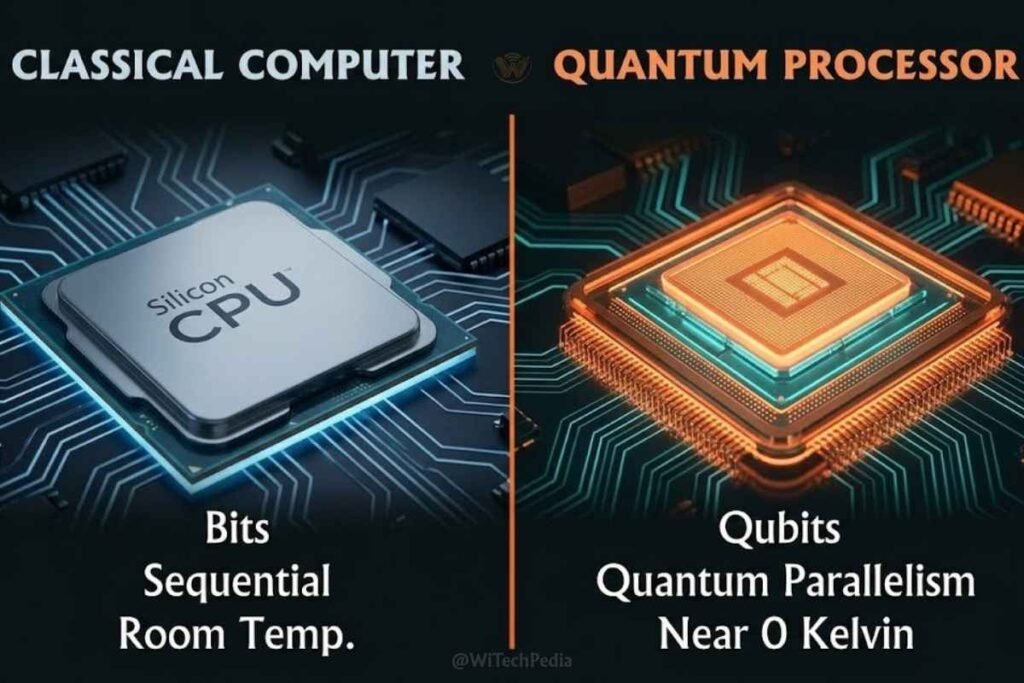 Side-by-side infographic comparing quantum computing and classical computing across speed, use cases, and error rates