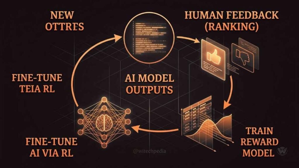 Infographic showing the RLHF process where human raters guide an AI model to improve artificial intelligence safety.