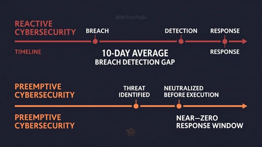 Infographic comparing reactive cybersecurity detection gap vs preemptive cybersecurity threat prevention timeline