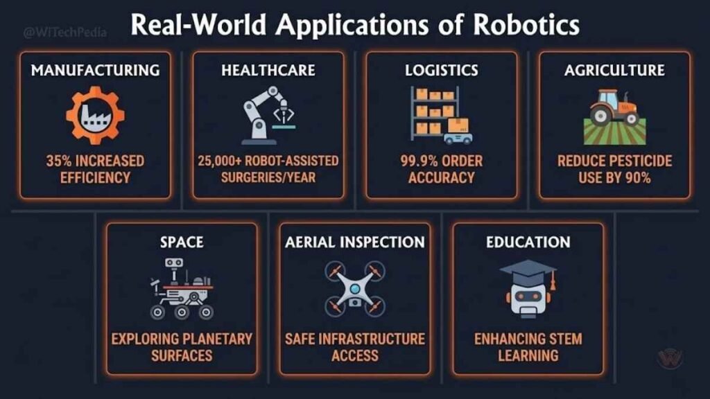 Infographic of robotics applications across manufacturing, healthcare, logistics, agriculture, and space industries
