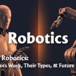 A sleek humanoid robot and an industrial robotic arm side by side, illustrating modern robotics technology