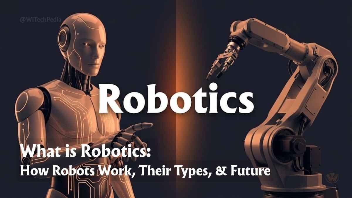 A sleek humanoid robot and an industrial robotic arm side by side, illustrating modern robotics technology