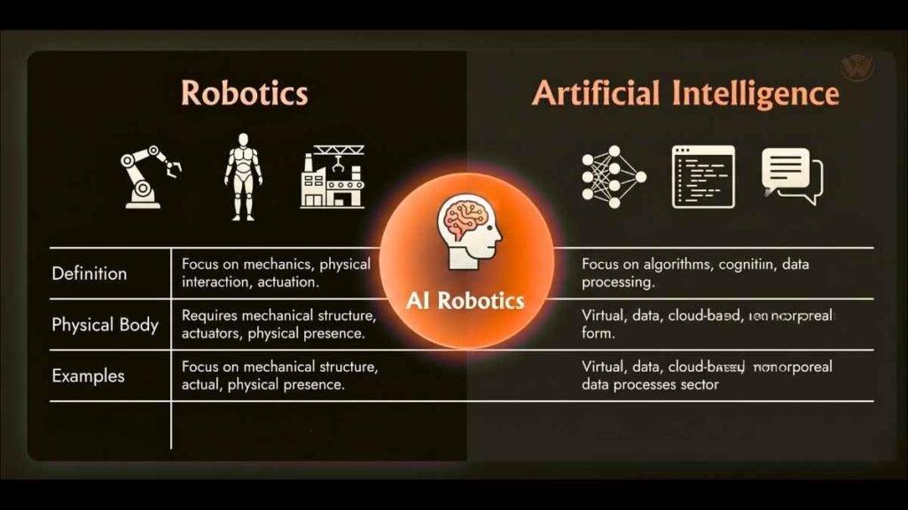 Infographic comparing robotics and AI across definition, physical form, examples, and overlap