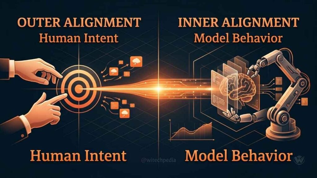 Diagram explaining the AI alignment problem, comparing outer alignment (human intent) versus inner alignment (model behavior).