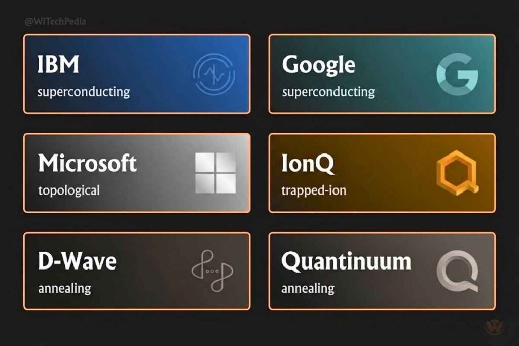 Comparison graphic of top quantum computing companies IBM, Google, Microsoft, IonQ, D-Wave and Quantinuum by approach and qubit count