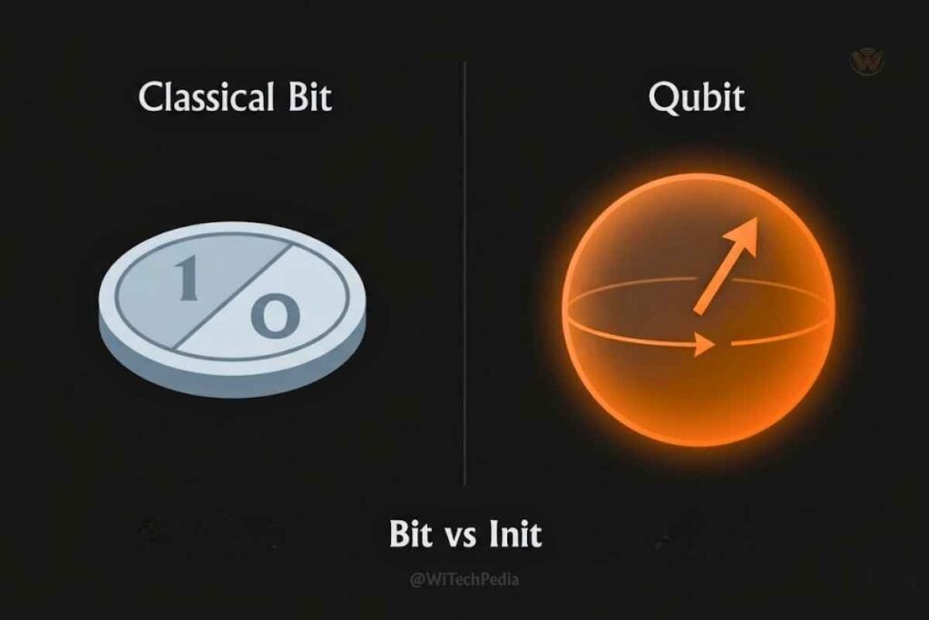 Diagram comparing a classical bit (0 or 1) versus a quantum qubit in superposition — quantum computing explainer