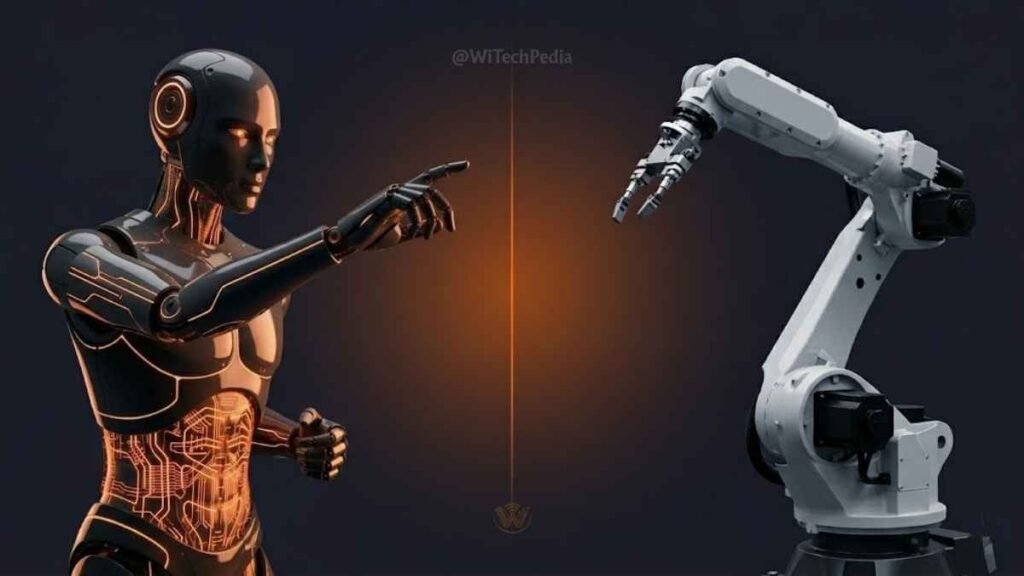A humanoid robot with glowing orange circuit patterns gestures towards a mechanical industrial robot arm, split by a glowing vertical line on a dark background.