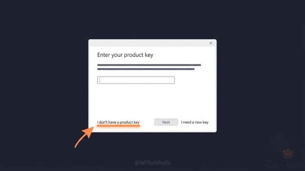 Windows 10 setup screen showing the 'I don't have a product key' option highlighted for a free install