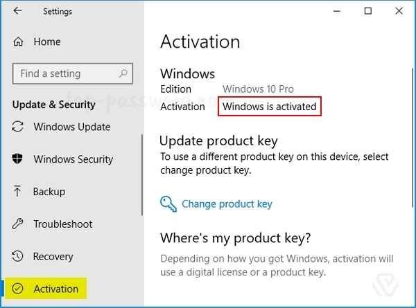 Windows 10 Activation settings screen showing "Windows is activated with a digital license."