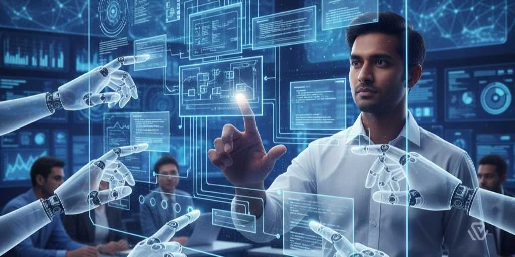 Developer Ui Showing A Natural Language Chat Bubble Generating Application Components On A Low-Code Canvas.