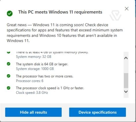 PC Health Check app showing a green checkmark for Windows 11 compatibility.