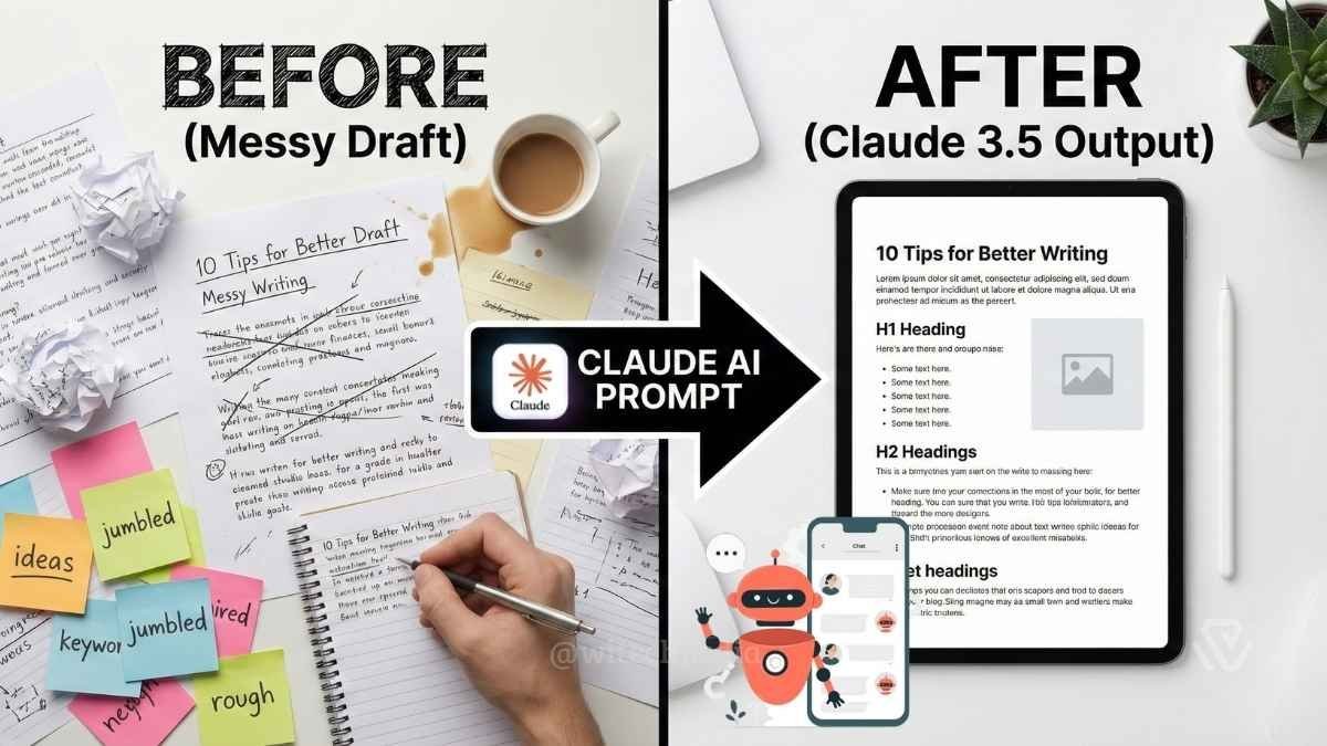 Best Claude AI prompts for writing transformation showing a messy draft turning into a polished blog post using Claude 3.5 Sonnet.