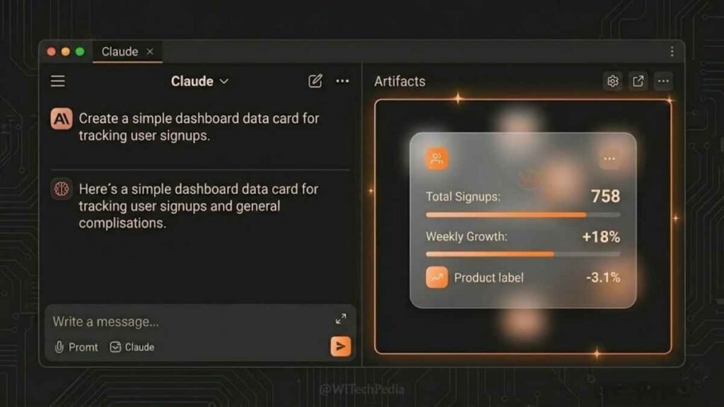 Claude AI Artifacts feature showing a live React UI preview generated inside the chat interface