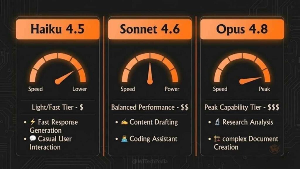 Claude AI model comparison chart showing Haiku 4.5, Sonnet 4.6, and Opus 4.8 speed vs capability tradeoffs