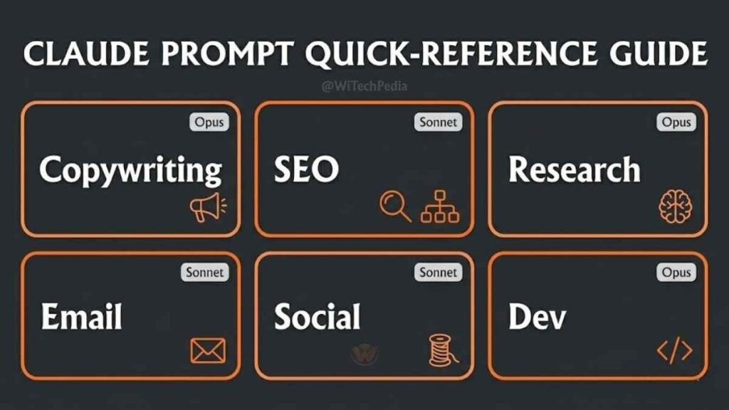 Claude AI prompt cheat sheet infographic showing prompts by category and model