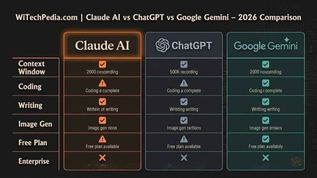 Side-by-side comparison infographic of Claude AI, ChatGPT, and Google Gemini features and benchmarks 2026