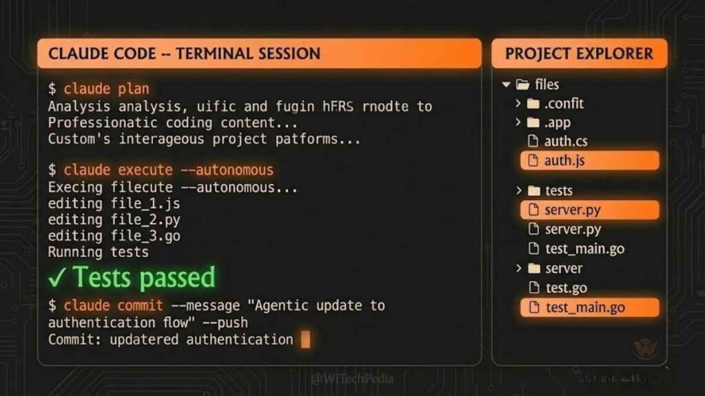 Claude Code terminal interface showing agentic coding workflow with file editing and test execution in dark IDE