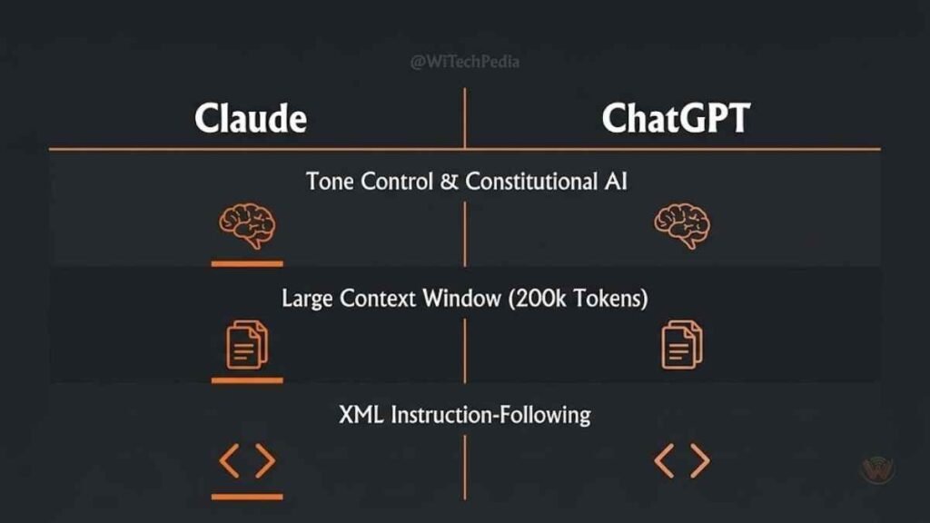Claude AI prompts comparison chart showing context window and tone advantages