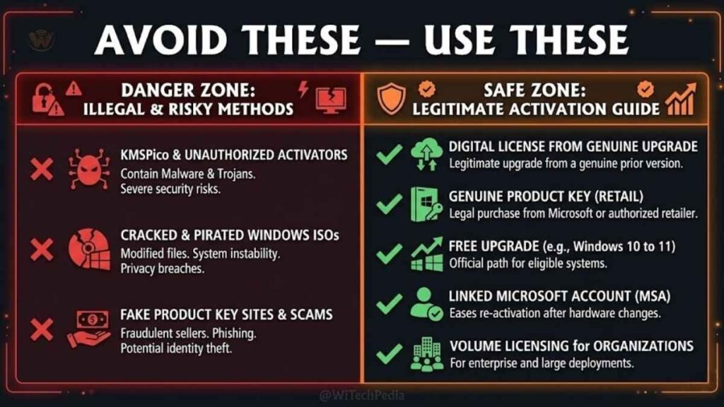 Warning infographic listing illegal Windows 11 activation tools including KMSPico and cracked ISOs to avoid