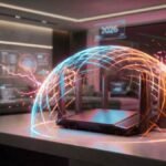Futuristic Smart Home Router Protected By A Digital Shield, Illustrating Home Network Hardening 2026 Against Cyber Attacks.
