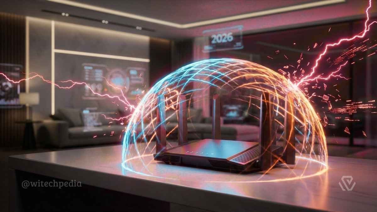 Futuristic smart home router protected by a digital shield, illustrating Home Network Hardening 2026 against cyber attacks.