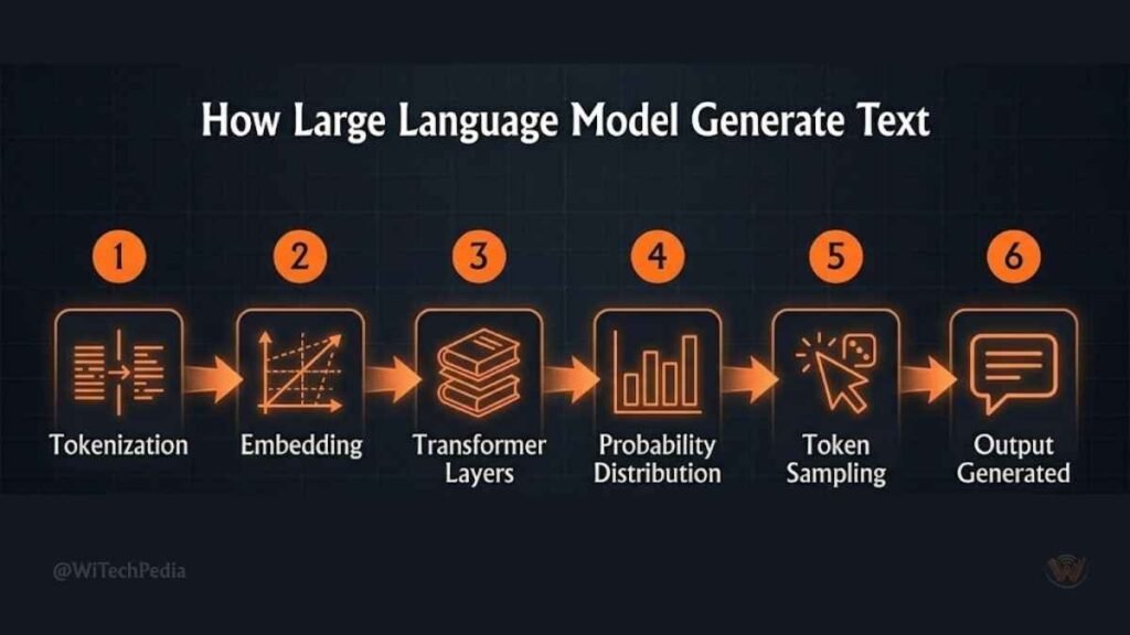 Step-by-step visual showing how a large language model processes a prompt and generates a response using token prediction