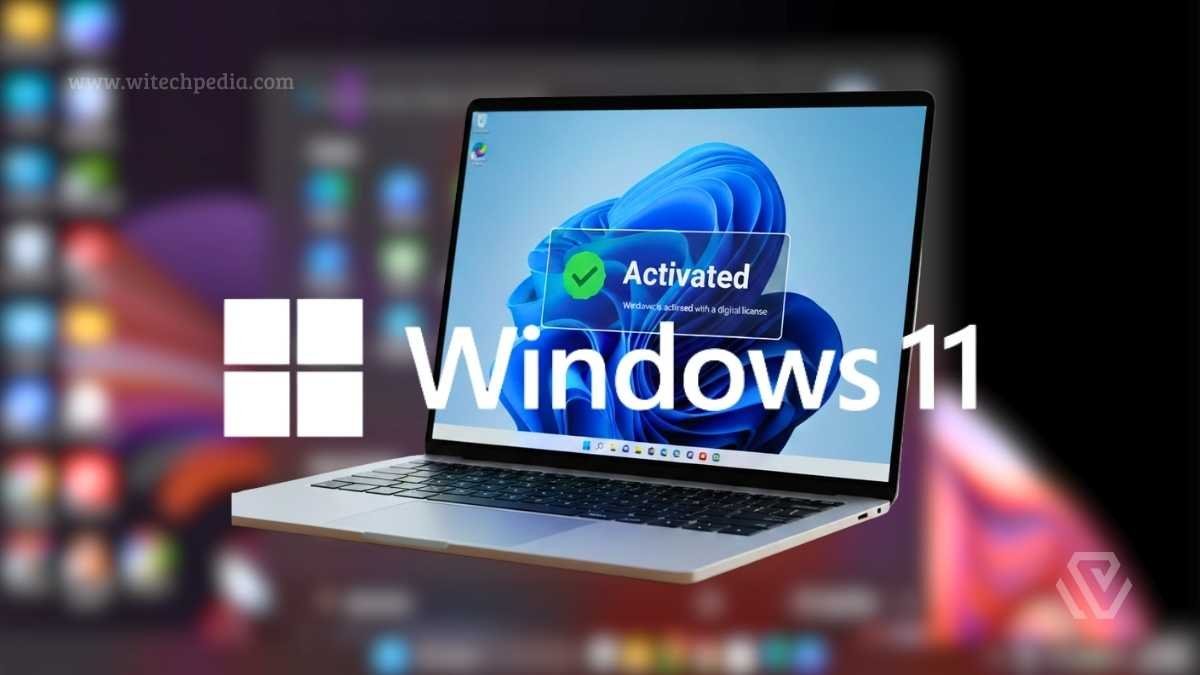 A WiTechPedia branded laptop display showing a successful activation screen for a guide on how to activate Windows 11 for free.