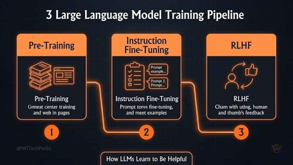 Three-stage large language model training pipeline infographic showing pre-training, instruction fine-tuning, and RLHF phases