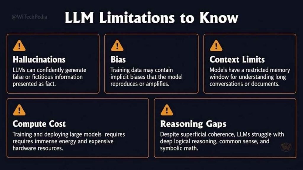 Warning-style infographic showing large language model limitations including hallucinations, bias, context limits, and computational cost