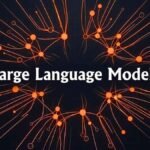 Large language models visualization showing neural network nodes and flowing data streams in orange and dark tech tones