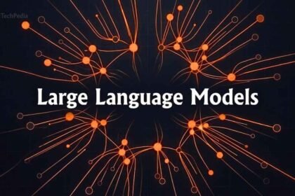 Large language models visualization showing neural network nodes and flowing data streams in orange and dark tech tones
