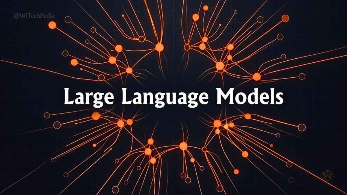 Large language models visualization showing neural network nodes and flowing data streams in orange and dark tech tones