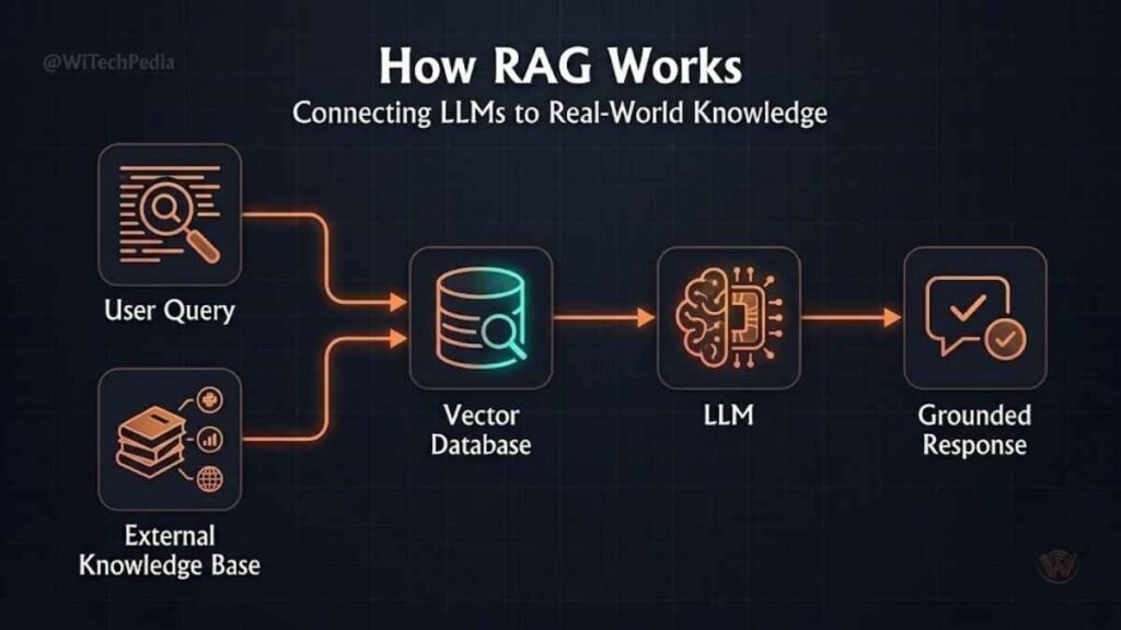 Diagram showing how retrieval-augmented generation works with a large language model, vector database, and grounded output