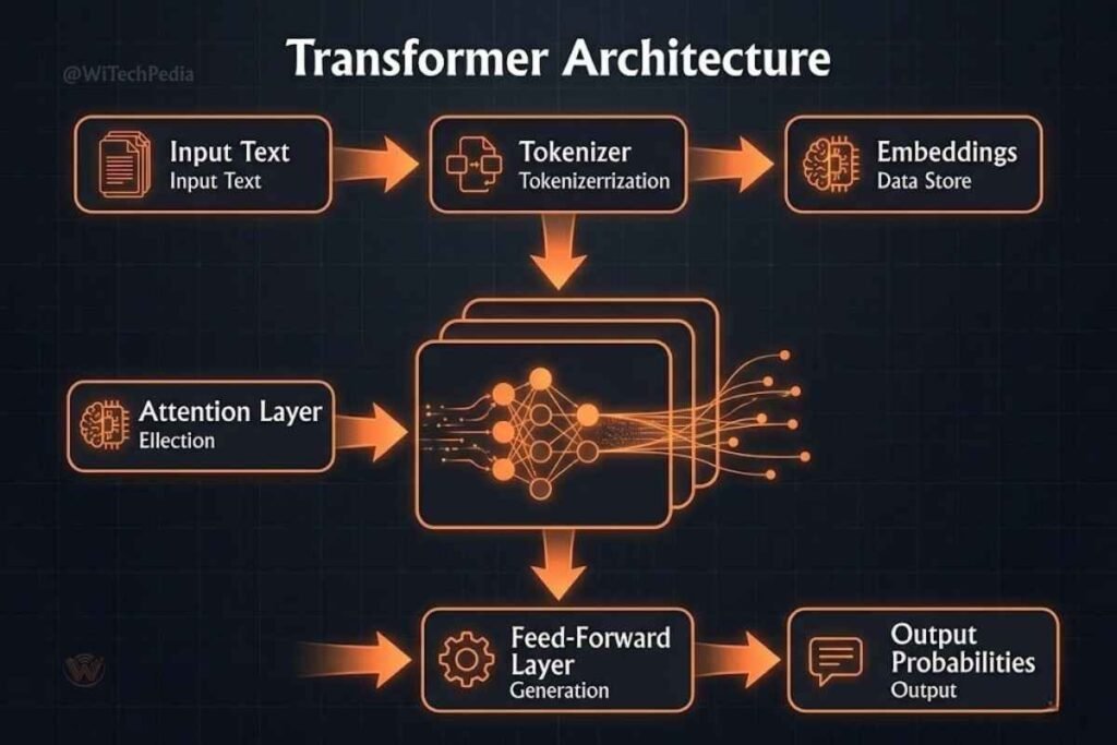 Infographic of transformer architecture showing tokenization, attention layers, and output generation for large language models